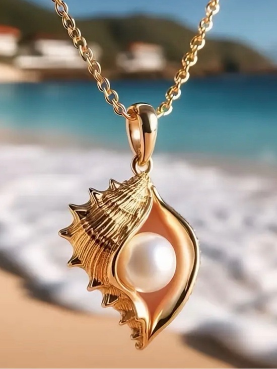 Jewelry - Gold Shell Pendant Pearl Necklace.